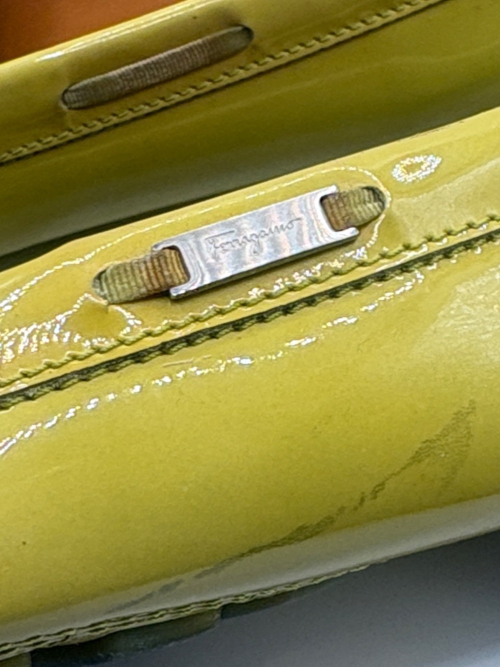 Salvatore Ferragamo Yellow Green Patent Leather Bow Tie Driving Loafers Size 8 - Picture 8 of 12